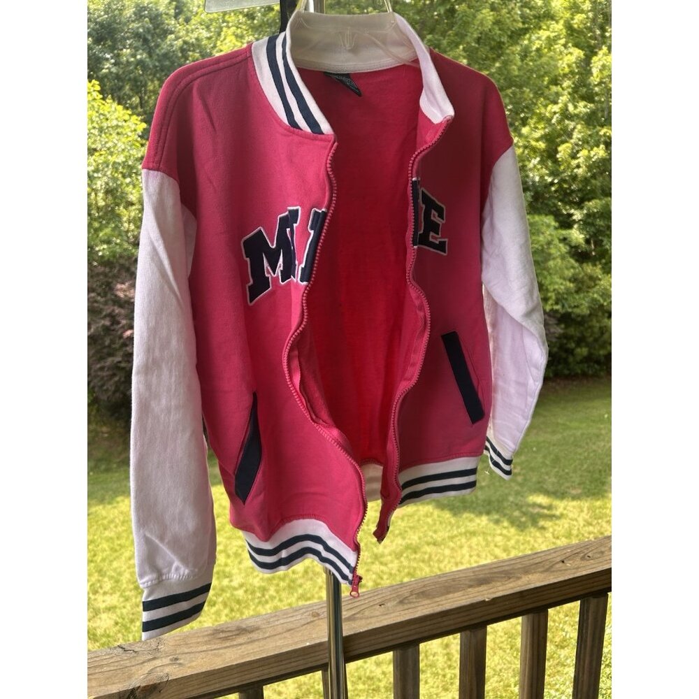 Women Girls Maine Spell Out Varsity Bomber Jacket Barbiecore Full Zip M 44”Chest - Picture 7 of 16